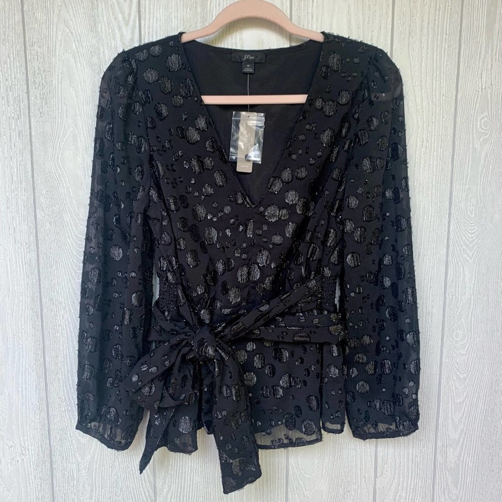 J. Crew Black Sheer Wrap Blouse with Subtle Shimmer Dot Detail